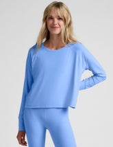 blue long sleeve scoop neck lightweight top.